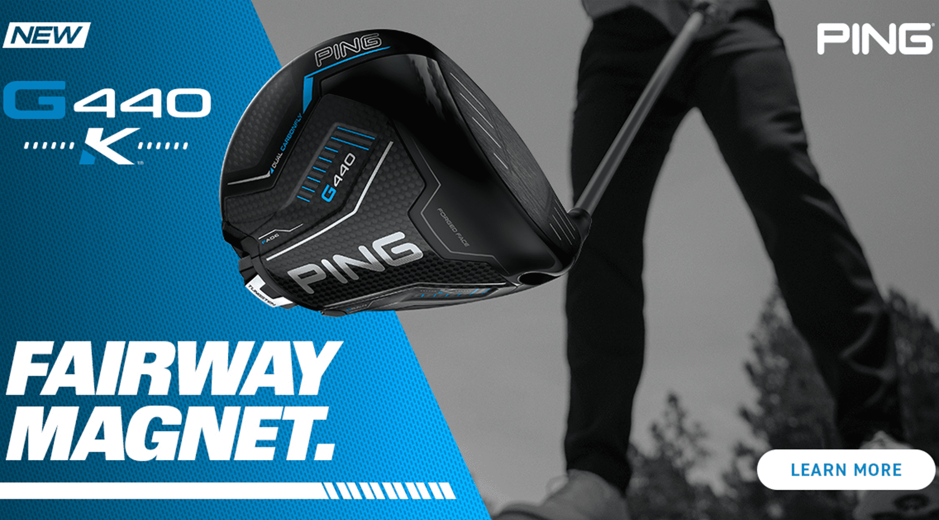 PING G440 K driver promoting its fairway performance with the text 'FAIRWAY MAGNET.'