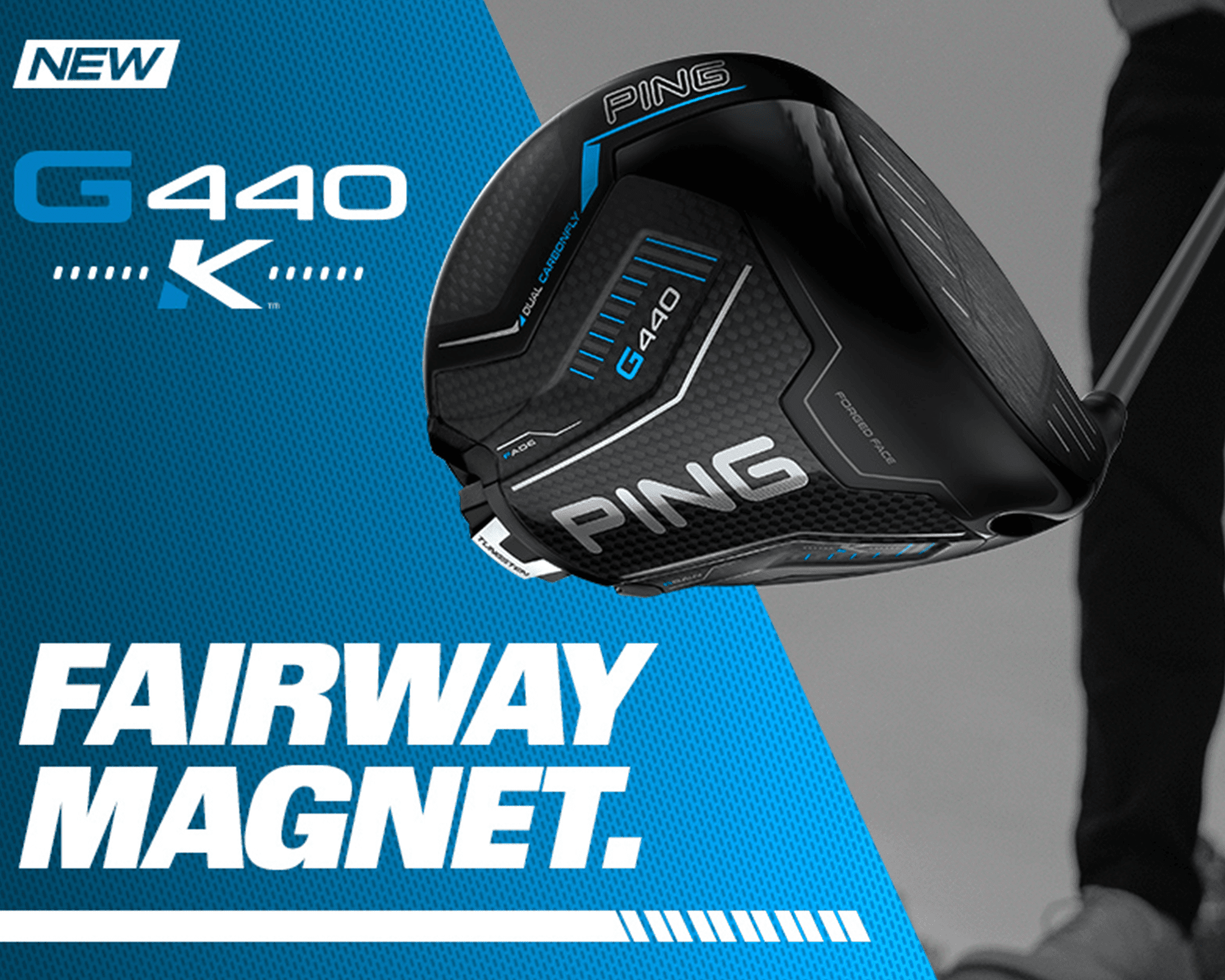 Close-up of the Ping G440 K fairway wood club with blue and black design, showcasing its features.